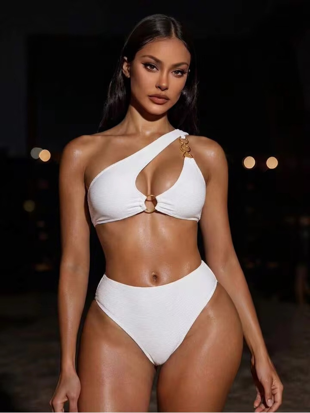 White One-Shoulder Asymmetric Bikini with Gold Ring Accents - Picture 2 of 11